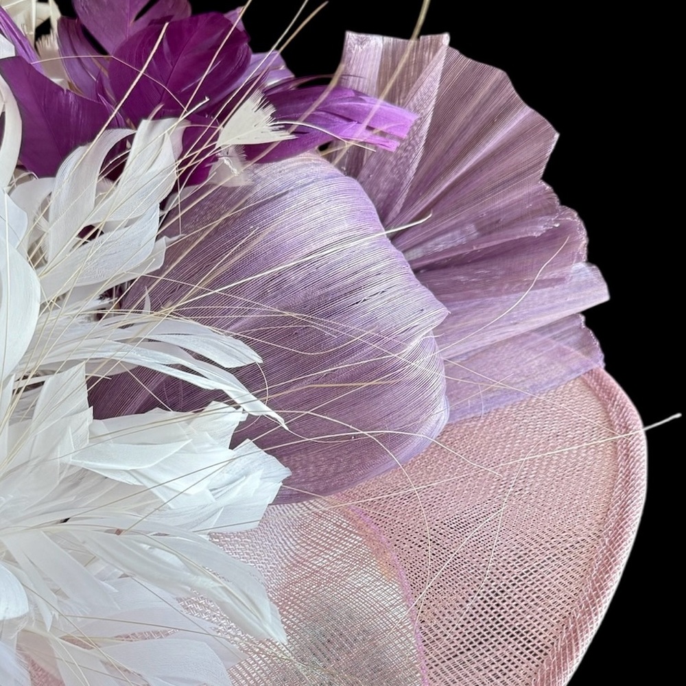 Fascinator with All the purples and some beautiful white feathers!  Easy to wear - Picture 4 of 6